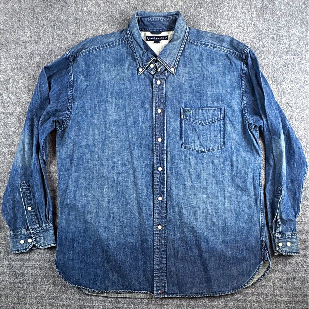Tommy Hilfiger Men's XL Heritage Denim Long Sleeve Button Down Shirt Medium Wash